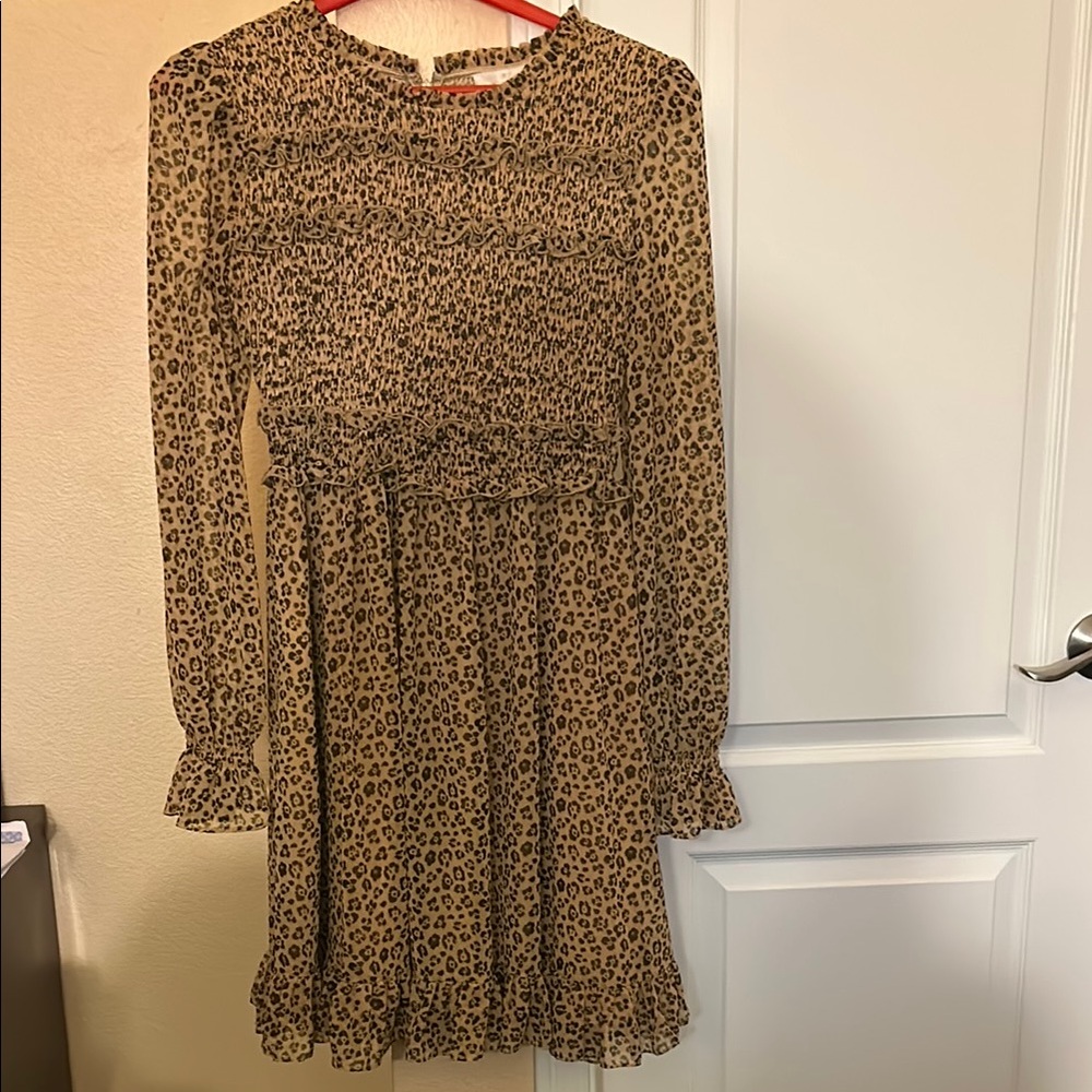 Rachel Parcell Tan Long Sleeve A-line Dress with Bishop Sleeves and Crew Neck